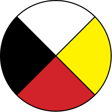 A circle divided into four quadrants by a black cross. The top left is white, bottom left is black, bottom right is red, and top right is yellow.